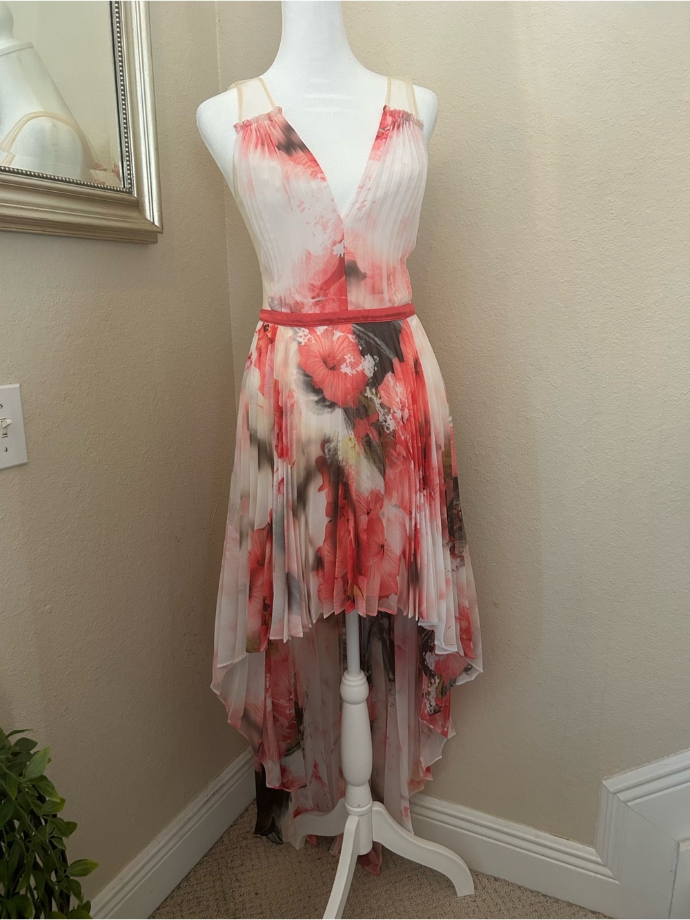 Vintage Y2K Sexy bebe Pink Floral Pleated V-Neck High-Low Rare Dress - Picture 5 of 13